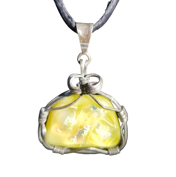 STERLING SILVER WIRE WRAPPED FAUX OPAL PENDANT CORD NECKLACE - Picture 1 of 6